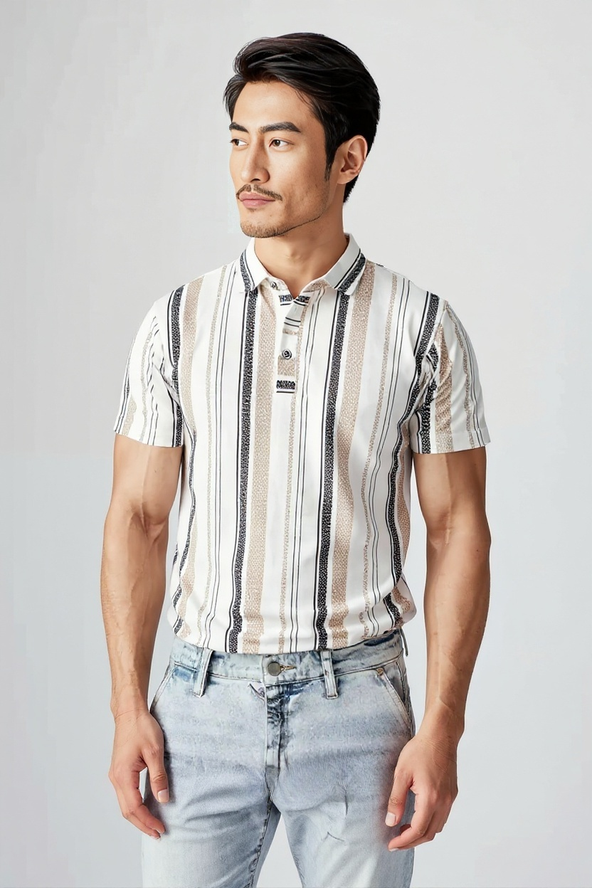 Men's Striped Polo T-Shirt, Short Sleeve, Beige and Black Vertical Stripes, Casual Wear