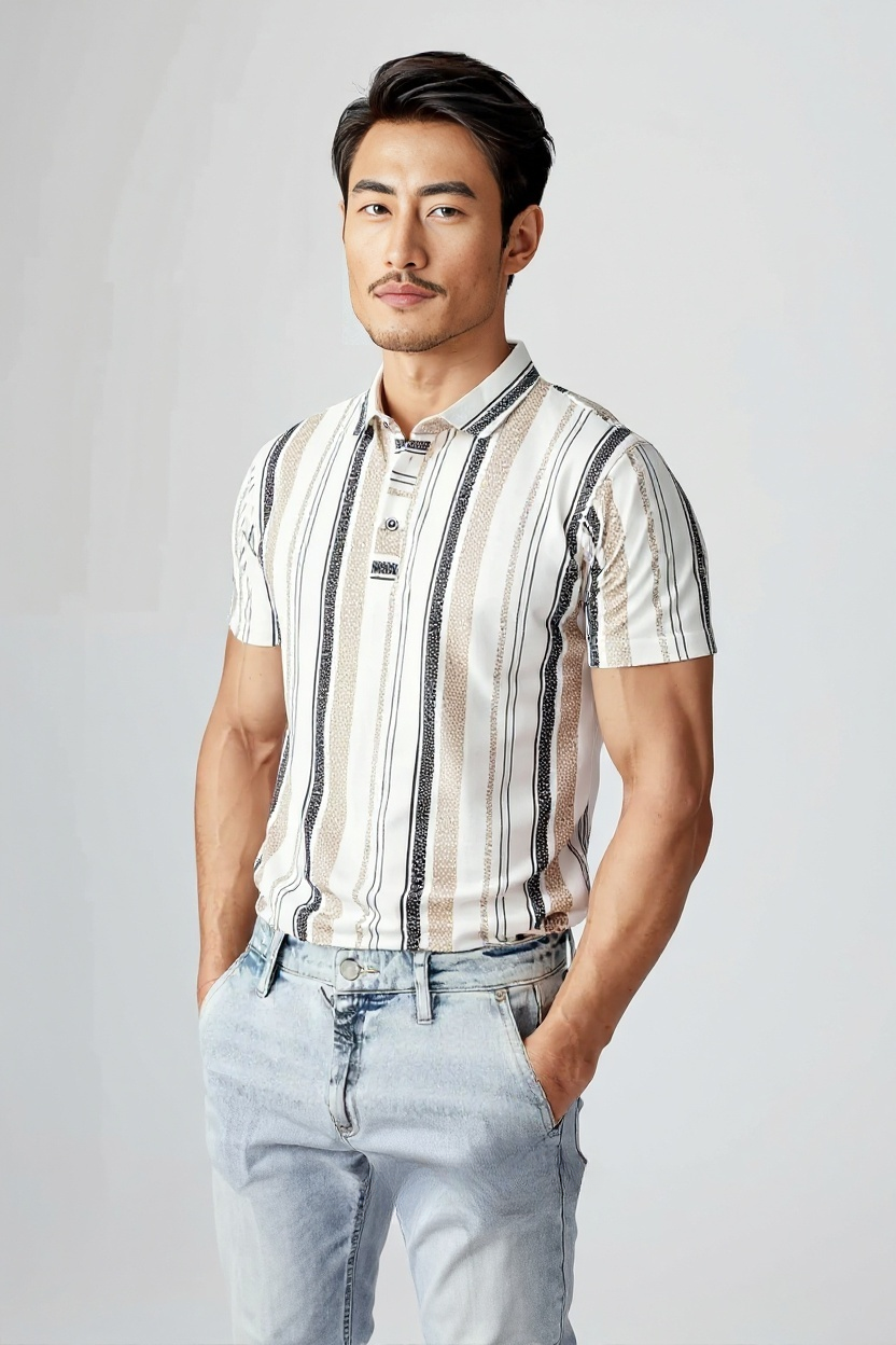 Men's Striped Polo T-Shirt, Short Sleeve, Beige and Black Vertical Stripes, Casual Wear