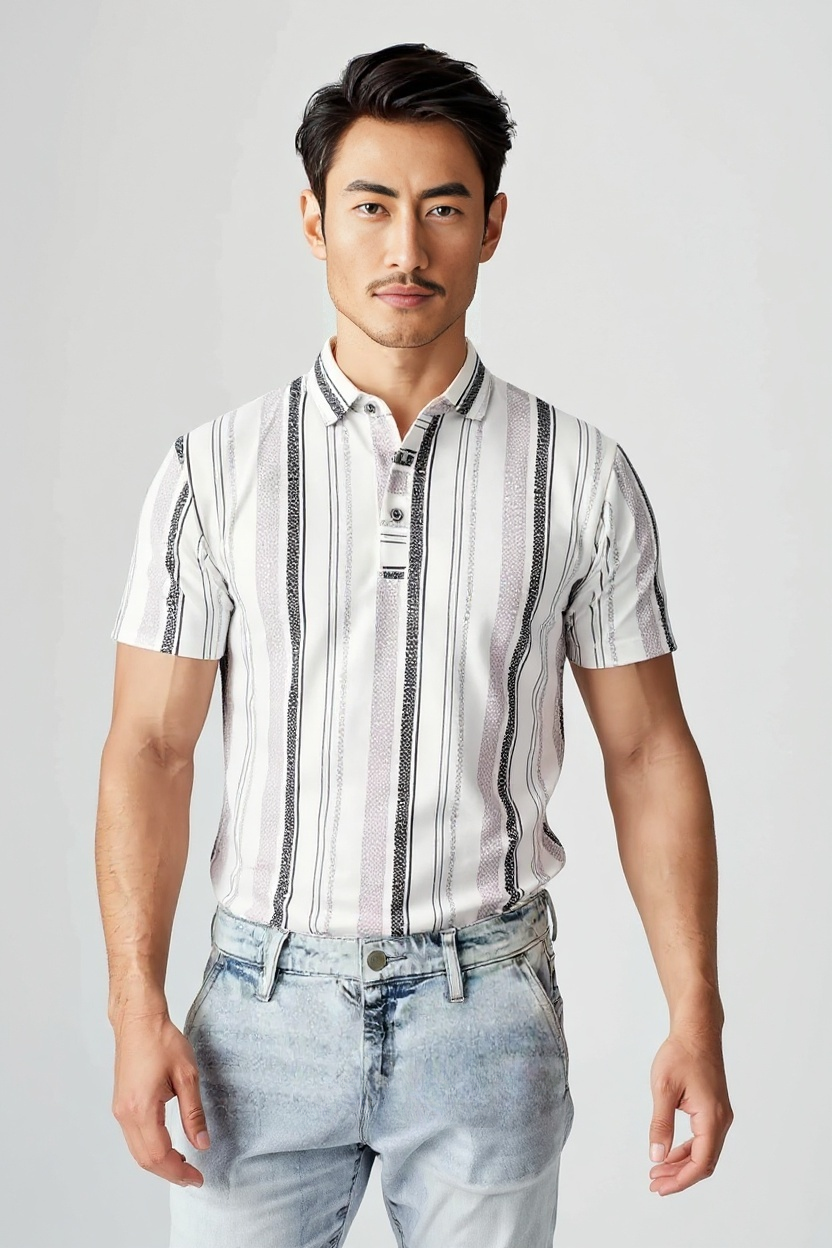 Men's Striped Polo T-Shirt, Short Sleeve, Beige and Black Vertical Stripes, Casual Wear