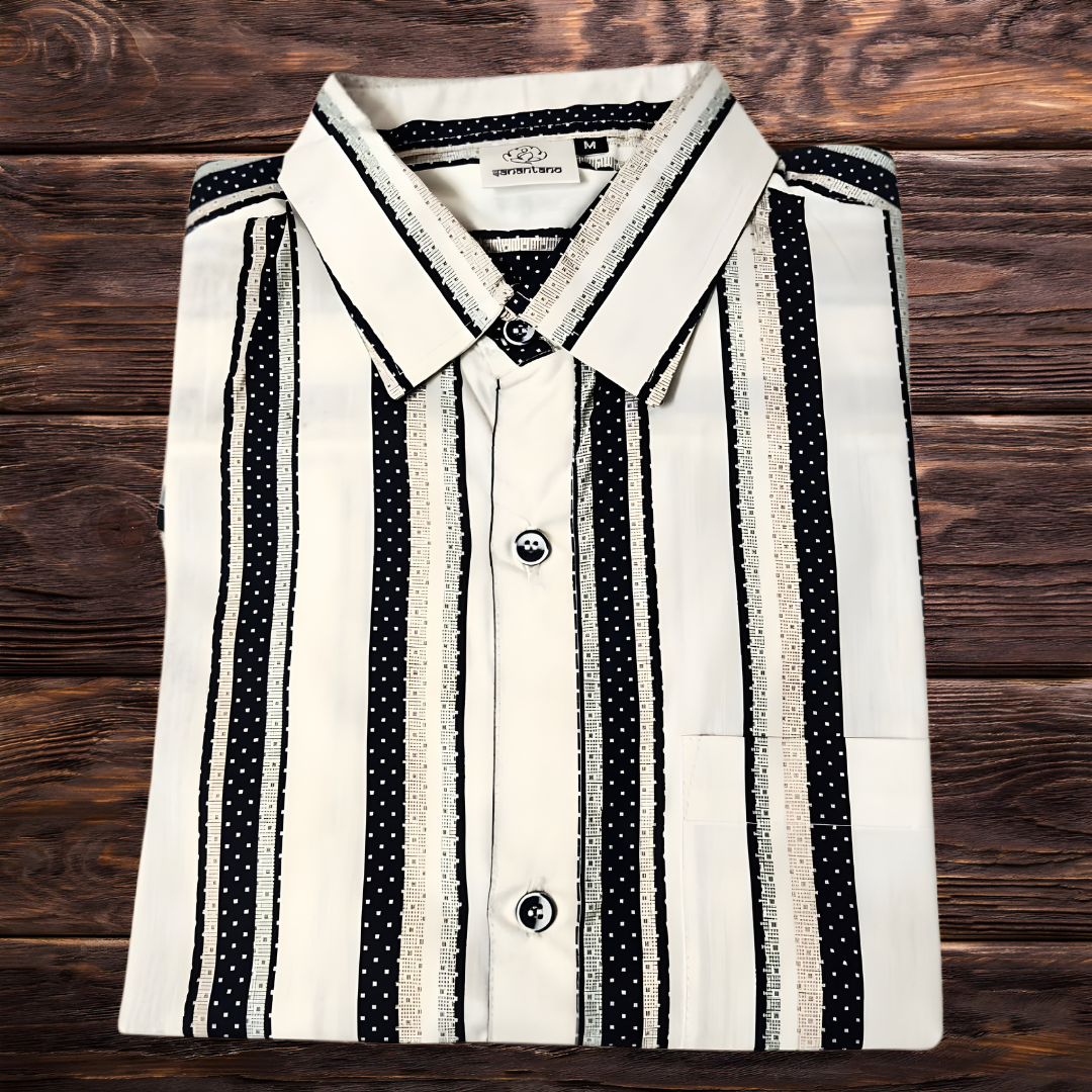 Stylish Men's Short Sleeve 100% Cotton Shirt,Digitally Printed Black and White Vertical Stripes, Collared