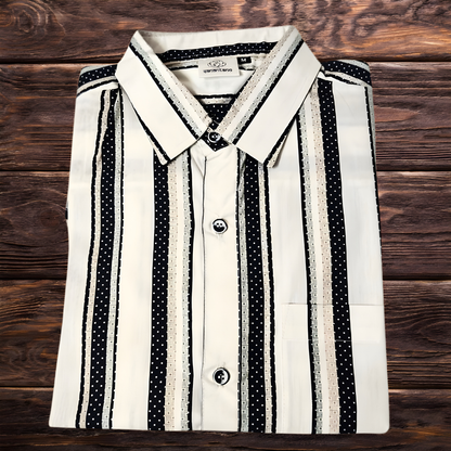 Stylish Men's Short Sleeve 100% Cotton Shirt,Digitally Printed Black and White Vertical Stripes, Collared