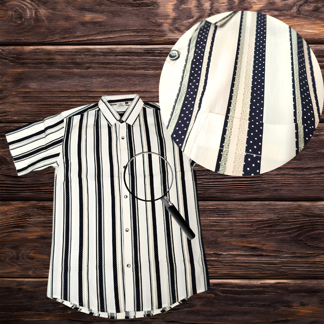 Stylish Men's Short Sleeve 100% Cotton Shirt,Digitally Printed Black and White Vertical Stripes, Collared