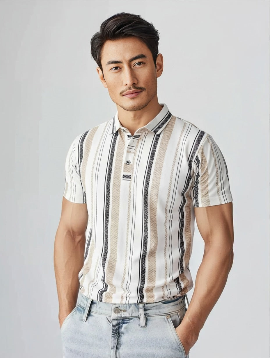 Men's Striped Polo T-Shirt, Short Sleeve, Beige and Black Vertical Stripes, Casual Wear