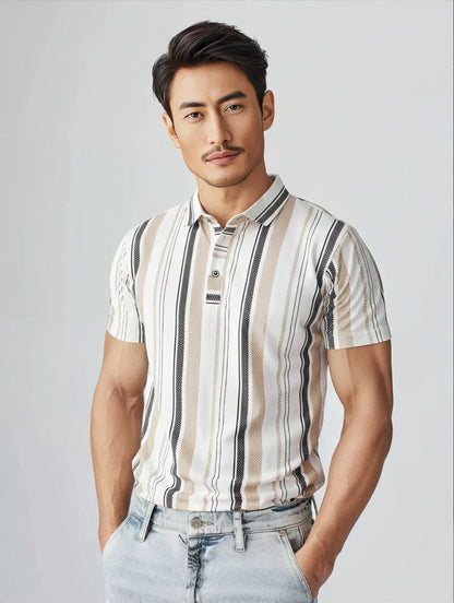 Men's Striped Polo T-Shirt, Short Sleeve, Beige and Black Vertical Stripes, Casual Wear