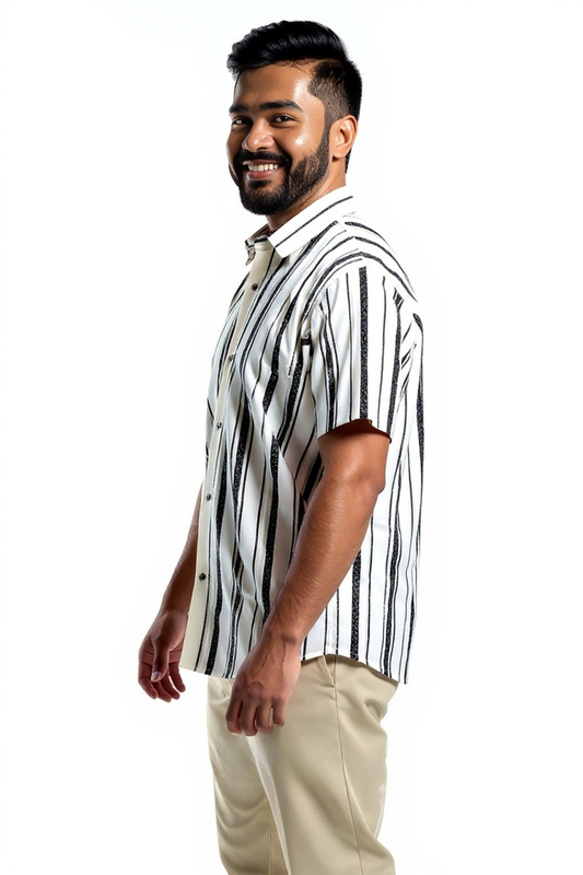 Stylish Men's Short Sleeve 100% Cotton Shirt,Digitally Printed Black and White Vertical Stripes, Collared