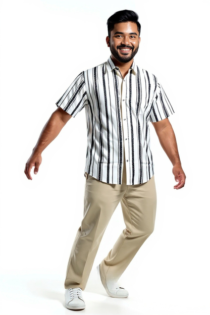 Stylish Men's Short Sleeve 100% Cotton Shirt,Digitally Printed Black and White Vertical Stripes, Collared