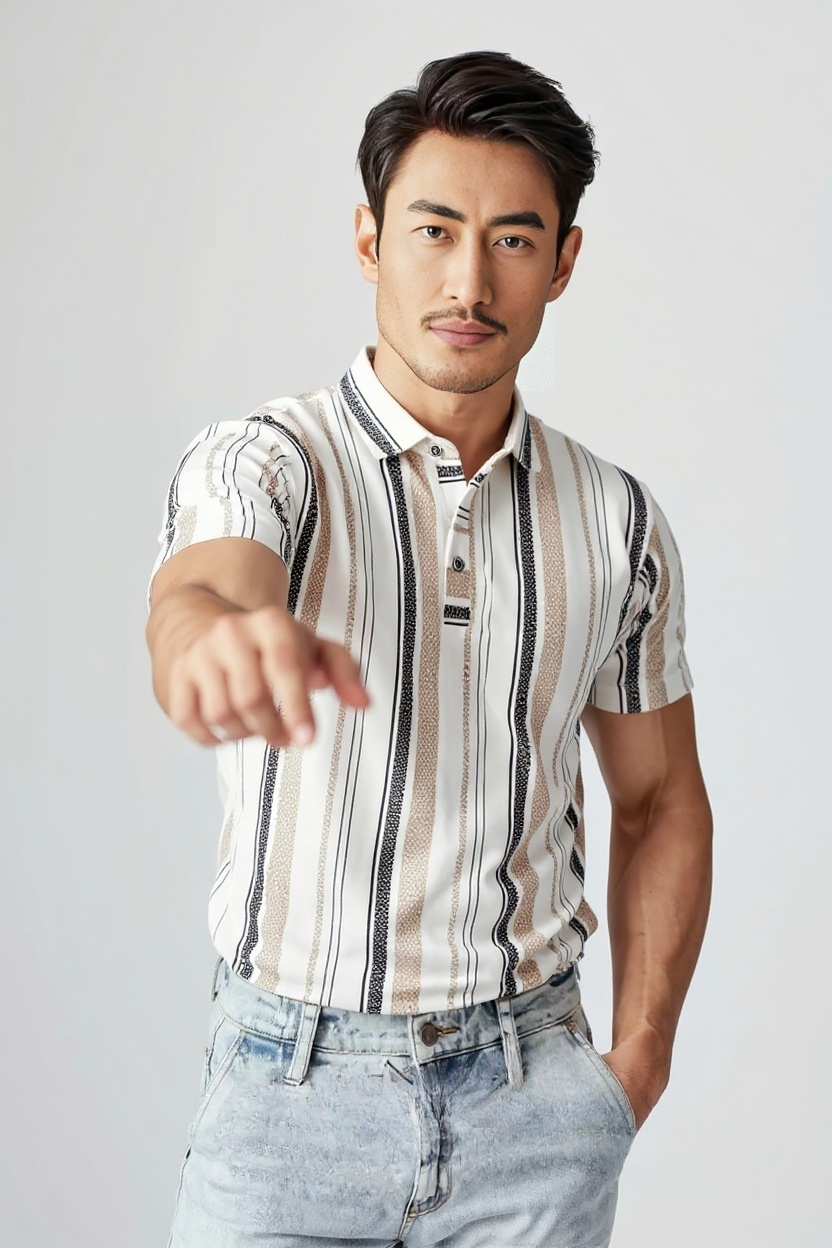 Men's Striped Polo T-Shirt, Short Sleeve, Beige and Black Vertical Stripes, Casual Wear