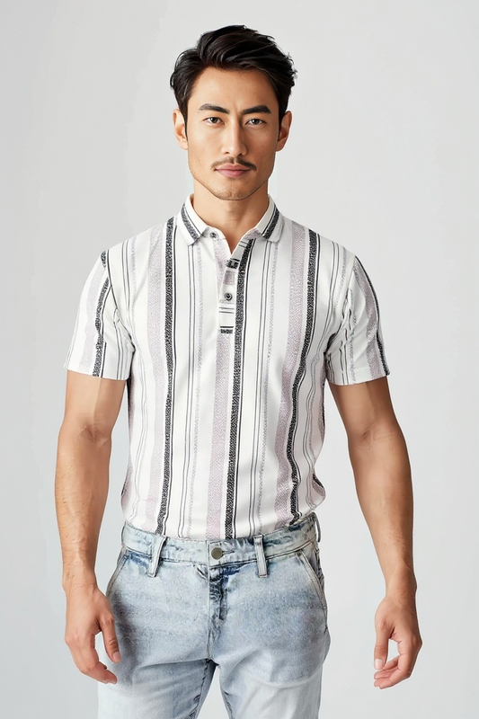 Men's Striped Polo T-Shirt, Short Sleeve, Beige and Black Vertical Stripes, Casual Wear