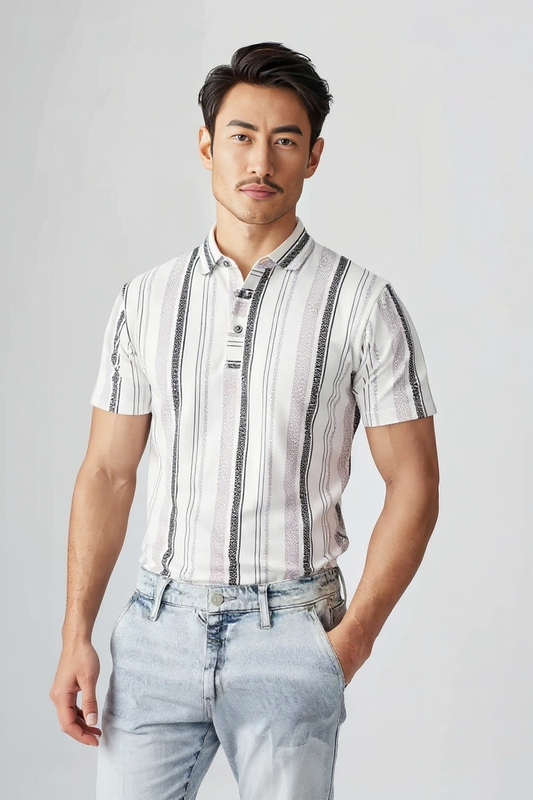 Men's Striped Polo T-Shirt, Short Sleeve, Beige and Black Vertical Stripes, Casual Wear