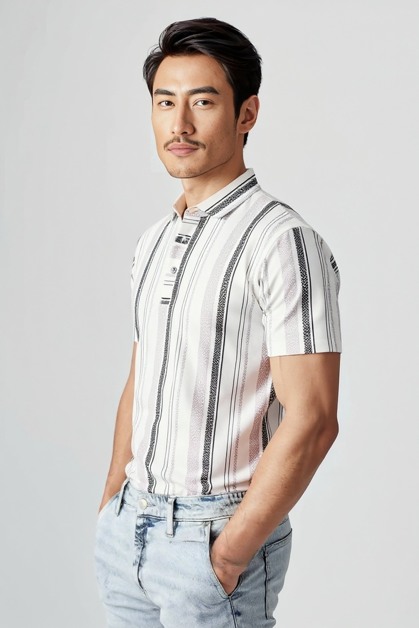 Men's Striped Polo T-Shirt, Short Sleeve, Beige and Black Vertical Stripes, Casual Wear