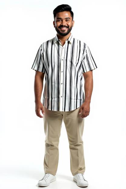 Stylish Men's Short Sleeve 100% Cotton Shirt,Digitally Printed Black and White Vertical Stripes, Collared