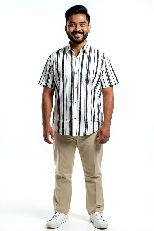 Stylish Men's Short Sleeve 100% Cotton Shirt,Digitally Printed Black and White Vertical Stripes, Collared