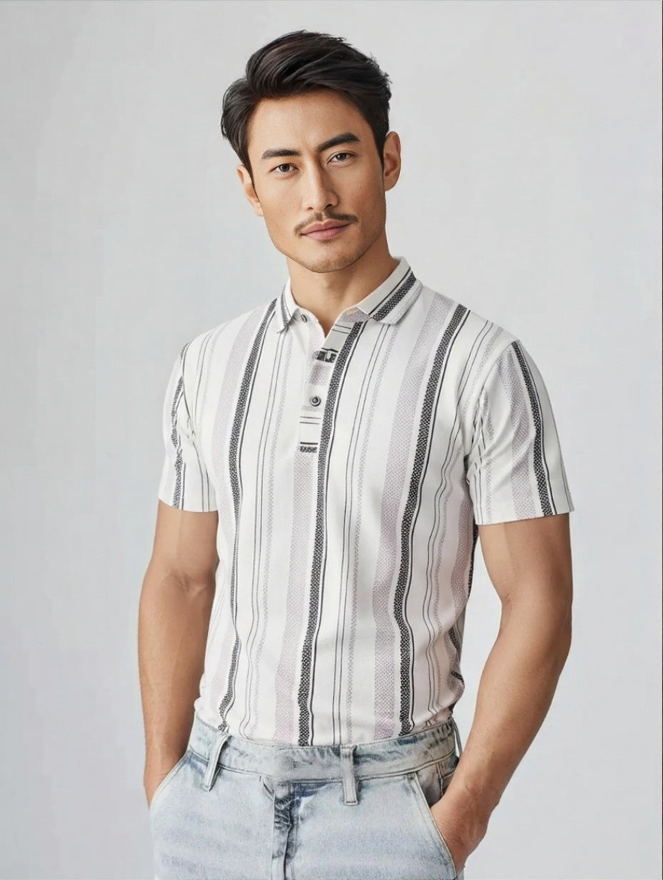 Men's Striped Polo T-Shirt, Short Sleeve, Beige and Black Vertical Stripes, Casual Wear