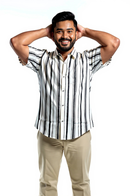 Stylish Men's Short Sleeve 100% Cotton Shirt,Digitally Printed Black and White Vertical Stripes, Collared